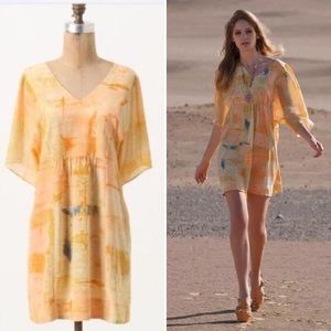 Anthropologie Ume Painted Watercolor Peach Silk Tunic Mini Dress 8